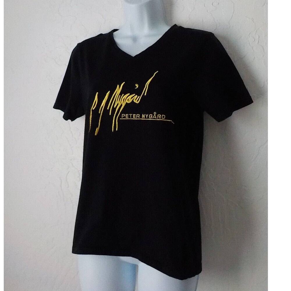 Peter Nygard Black T-Shirt Tee Women size Small V-neck Gold Embroidery Signature